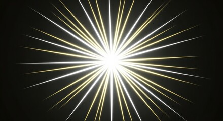 Fototapeta premium A bright starburst effect with radiating white and gold light beams emanating from a central point on a dark black background
