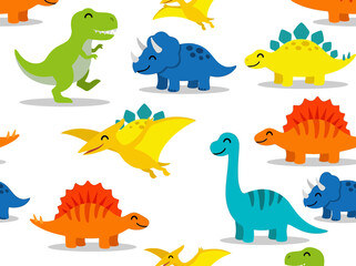 Seamless Pattern of Colorful Cartoon Dinosaurs, Cute Prehistoric Animals Vector for Kids Textile and Nursery Wallpaper Design © Sri