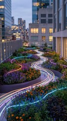 Naklejka premium Rooftop garden at night with illuminated paths and city.