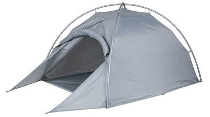 Lightweight grey camping tent with arched poles, isolated on transparent background © Piotr