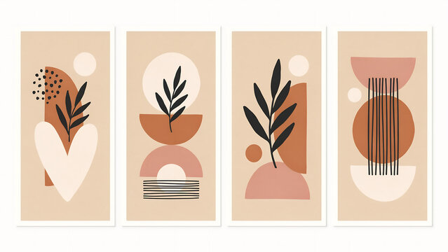 Set of four modern abstract boho wall art prints with botanical elements