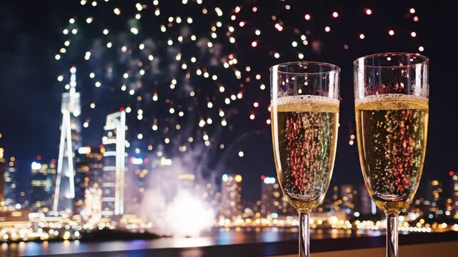 Two champagne flutes with fireworks over city skyline at night