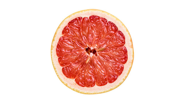 Juicy pink grapefruit half with textured pulp, isolated on transparent background