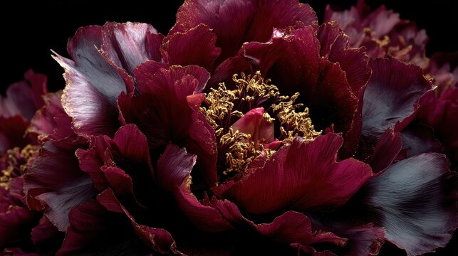 Dark black peony flower with layered ruffled petals and deep maroon ebony color palette, dramatic moody aesthetic, perfect for immortal romance, gothic floral beauty and mysterious elegance concept.