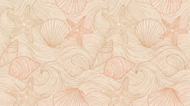 Vintage seashell pattern background, hand drawn nautical line art with starfish and shells, elegant peach coastal wallpaper for summer branding