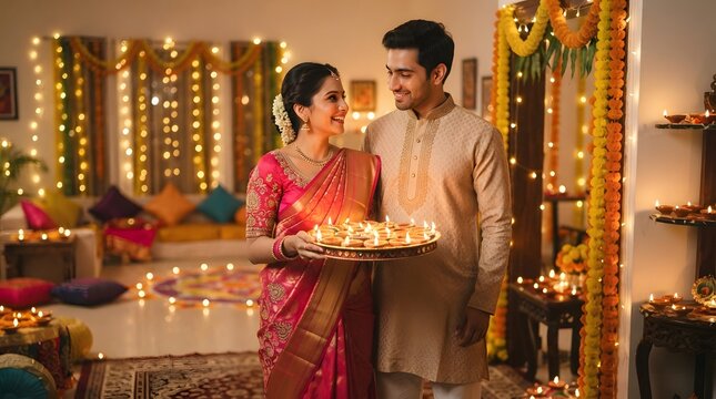 A smiling indian couple standing together, the woman holding a tray of lit diyas, celebrating diwali in a beautifully decorated home