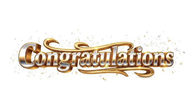 Gold Congratulations text isolated on white. Shiny 3D typography for celebration events.