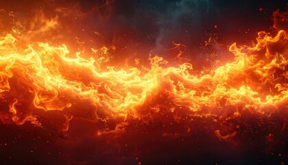 Fototapeta premium A dynamic and fiery wave of orange and yellow flames illuminates a dark background, with sparks flying.