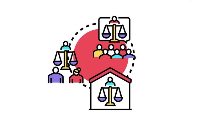 Legal professionals and scales of justice illustrate the concluding steps of an adoption process, symbolizing family law proceedings and the finalization of new family formation