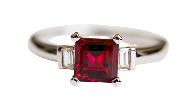 Square cut ruby gemstone ring with baguette diamonds, isolated on transparent background