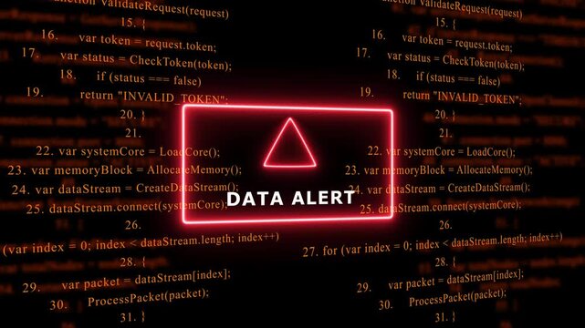 Red Exclamation Mark Warning Symbol DATA ALERT. warning sign over abstract software programming code background, for cyber security and, tech concepts, 4k animation video
