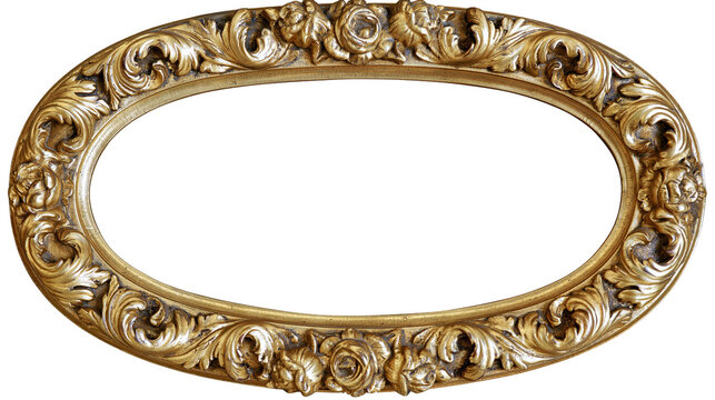 Ornate oval gold picture frame with floral carvings, isolated on transparent background