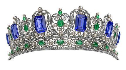 Ornate silver tiara with blue sapphires green emeralds and pearls, isolated on transparent background © Piotr