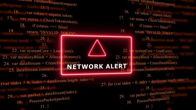 Red Exclamation Mark Warning Symbol NETWORK ALERT. warning sign over abstract software programming code background, for cyber security and, tech concepts, 4k animation video
