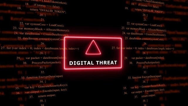 Red Exclamation Mark Warning Symbol DIGITAL THREAT. warning sign over abstract software programming code background, for cyber security and, tech concepts, 4k animation video