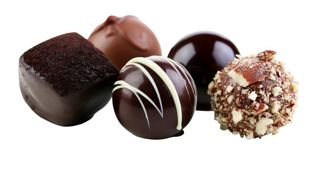 Assortment of dark and milk chocolate truffles with nuts and white drizzle, isolated on transparent background