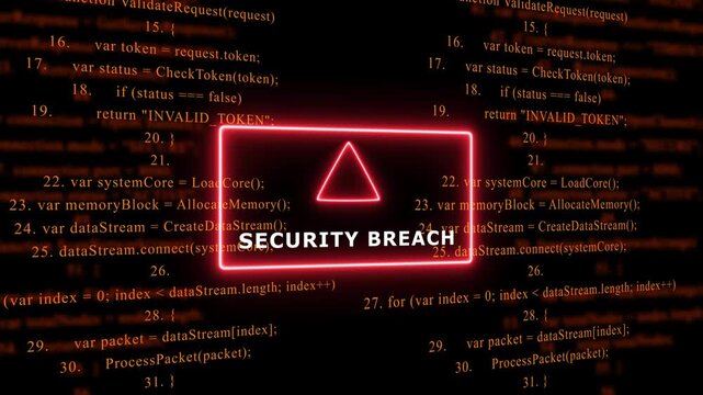Red Exclamation Mark Warning Symbol SECURITY BREACH. warning sign over abstract software programming code background, for cyber security and, tech concepts, 4k animation video