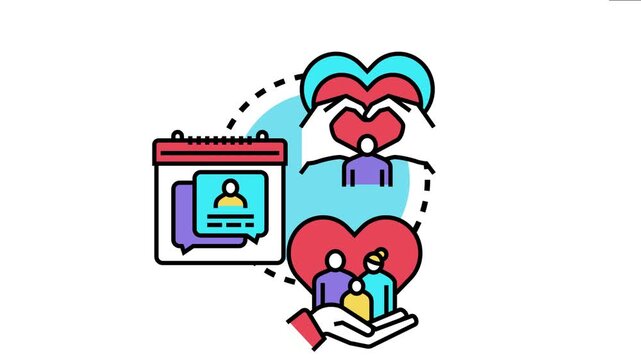People forming a heart shape, family figures in a protective hand, and a calendar symbolizing legal processes define the adoption and guardianship relationship concept