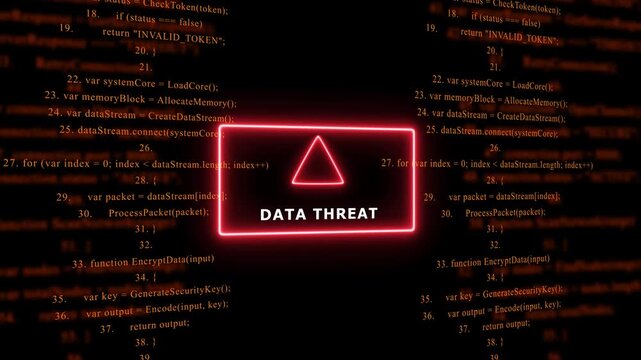 Red Exclamation Mark Warning Symbol DATA THREAT. warning sign over abstract software programming code background, for cyber security and, tech concepts, 4k animation video