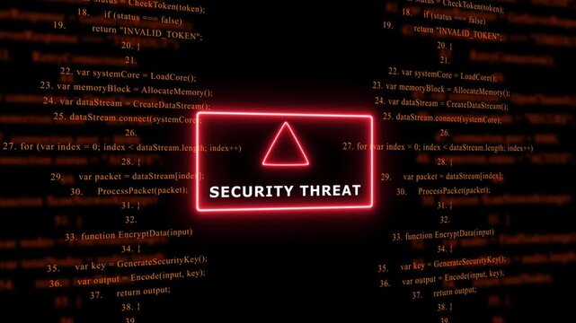 Red Exclamation Mark Warning Symbol SECURITY THREAT. warning sign over abstract software programming code background, for cyber security and, tech concepts, 4k animation video