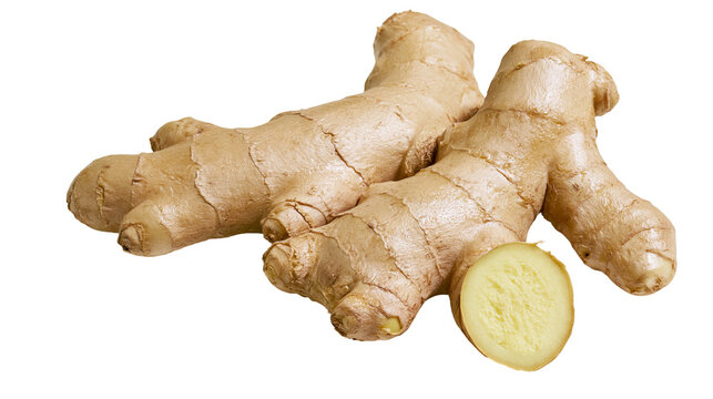 Raw ginger root with a slice showing fibrous texture, isolated on transparent background