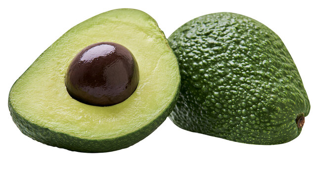 Whole and halved avocado with dark brown seed, isolated on transparent background