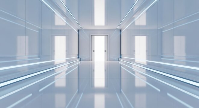 A symmetrical view of a long futuristic corridor with white glossy walls and glowing blue light strips on the floor leading to a bright open doorway