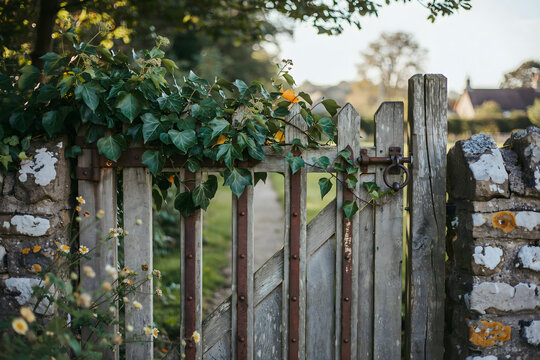 Old wooden garden gate with metal latch and hinges covered in green ivy leaves set in a stone wall during a sunny autumn afternoon