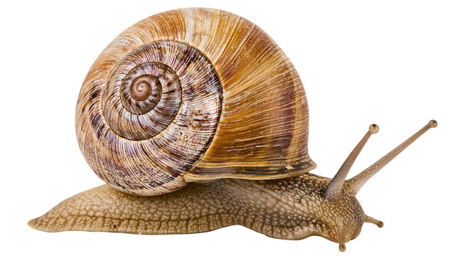 Detailed garden snail with textured brown spiral shell, isolated on transparent background