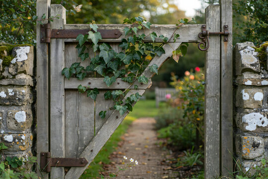 Old wooden garden gate with metal latch and hinges covered in green ivy leaves set in a stone wall on a sunny autumn afternoon day