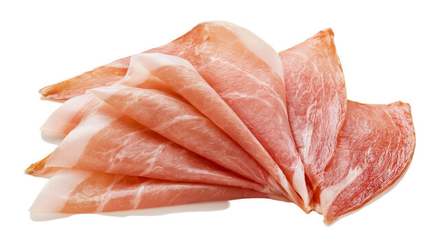 Thinly sliced prosciutto ham with marbled fat, isolated on transparent background