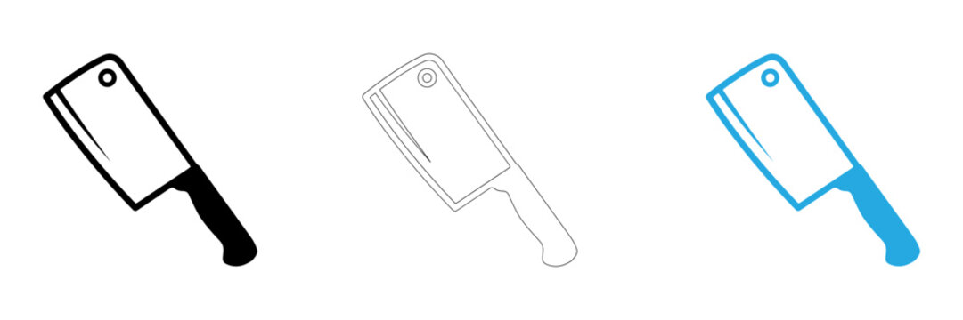 Set of three meat cleaver icons in solid outline and blue line art styles for kitchen design