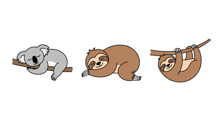 Fototapeta premium Cute cartoon vector illustration set of sleeping koala on a branch and lazy sloths resting and hanging isolated on white background