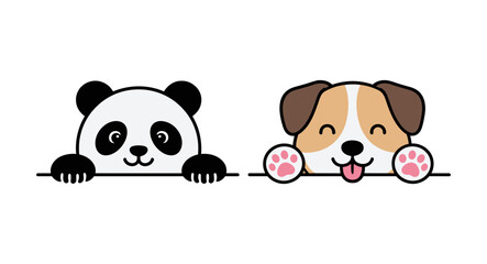 Cute cartoon vector illustration of a happy panda and a smiling puppy dog peeking over a border isolated on white background © MdIbrahimIslam