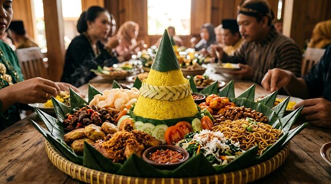 Traditional indonesian yellow rice tumpeng feast on a festive table