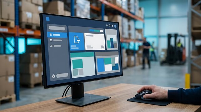 Computer monitor displaying warehouse management software interface in a logistics facility.