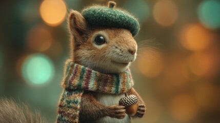Obraz premium Cute squirrel in cozy scarf and beret with soft bokeh lights