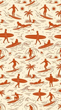 Retro surfing seamless pattern with surfers waves and palm trees
