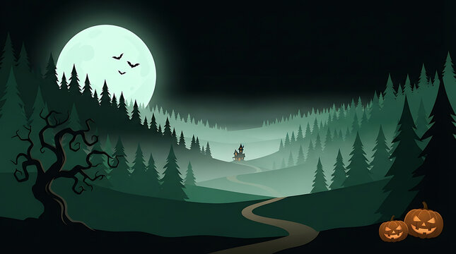 Spooky pixel art landscape featuring a haunted house in a dark misty forest under a full moon