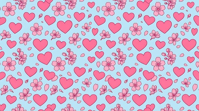Pink hearts and cherry blossom seamless pattern on blue background