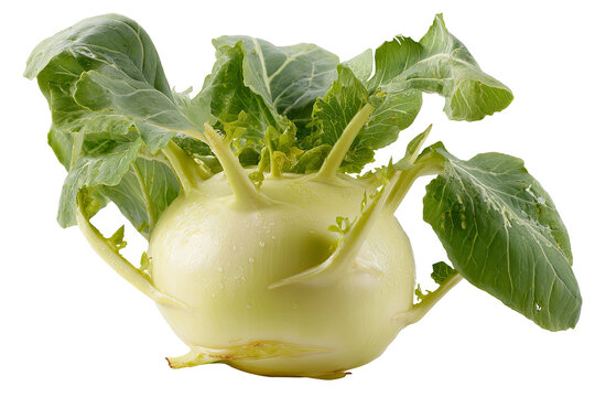 Fresh kohlrabi with pale green bulb and leafy stems, isolated PNG on transparent background