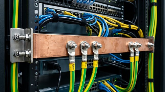 Copper busbar grounding system with green and yellow electrical cables in server rack.