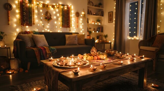 Cozy living room decorated for diwali festival with glowing diyas and fairy lights