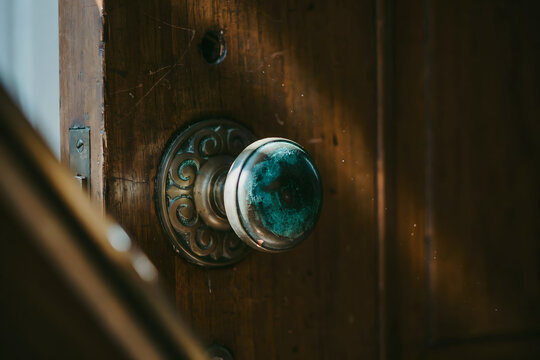 Vintage brass door knob with a decorative teal glass center mounted on a weathered wooden door with intricate metal detailing and soft light