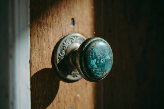 Vintage brass door knob with a decorative teal glass center mounted on a weathered wooden door with soft light and visible wood texture