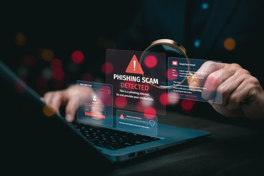 Phishing scam detection with suspicious email, fake login page and malicious link alerts, representing cyber fraud prevention, credential protection and online security.
