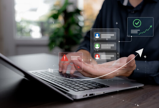Customer feedback analytics with warning signals, user reviews and positive performance growth, representing issue detection, service recovery, satisfaction improvement and customer retention.
