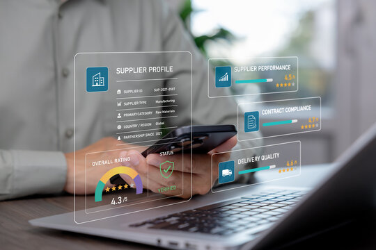 Supplier management dashboard with vendor profile, performance ratings, contract compliance and delivery quality for procurement analytics and supply chain evaluation.
