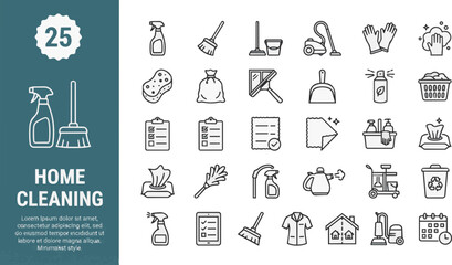 Fototapeta premium Comprehensive collection of twenty five minimalist home cleaning service line icon set with representing various household cleaning tools maintenance