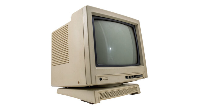 Old vintage beige computer monitor isolated on transparent background for retro technology history